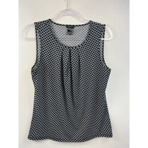 Ann Taylor Tank Top Women's Sz M Black/White Print Keyhole Pleated Neck